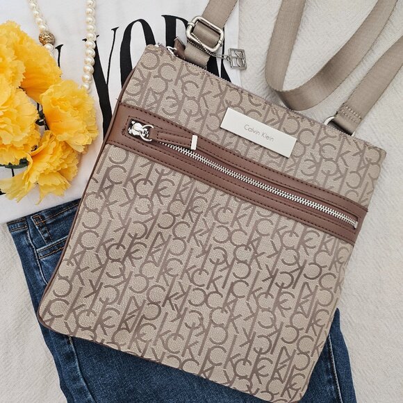 Calvin Klein Handbags - Calvin Klein CK Logo Crossbody Bag Beige Brown Multi Pocket Organizer NWOT